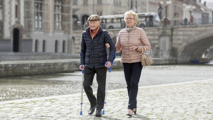 User walking on cobbles