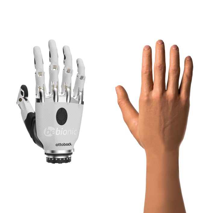 bebionic Handprothese in der Grösse small und der Farbe Weiss neben einer bebionic Hand mit Prothesenhandschuh. 