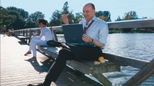 Man enjoys leisure time at the lake